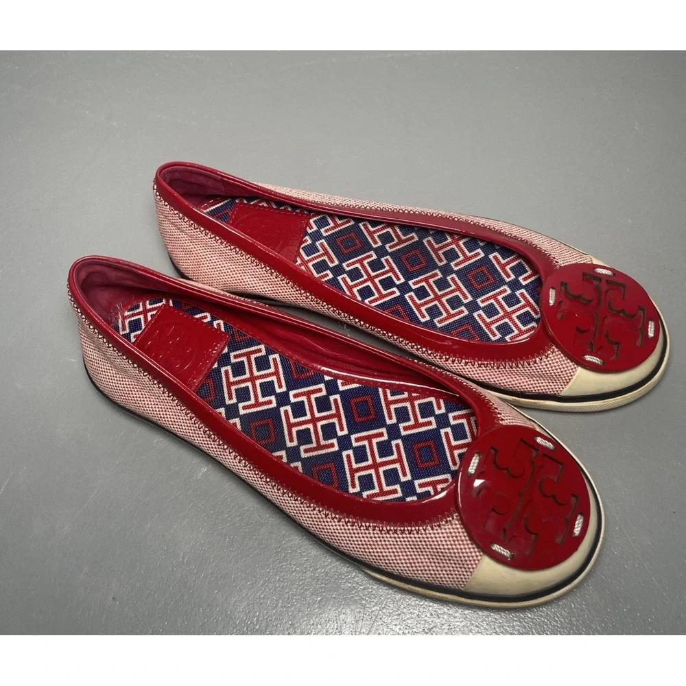 Tory Burch Women's Channing Red Canvas  Cap Toe Ballet Flats Size 6